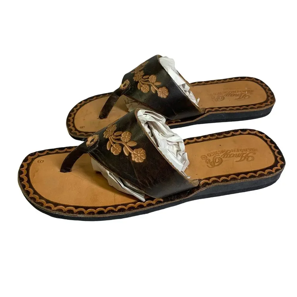 AMAY PE HECHO EN MEXICO Sandals 8 Artisan Huaraches Slip On Hand Tooled Floral